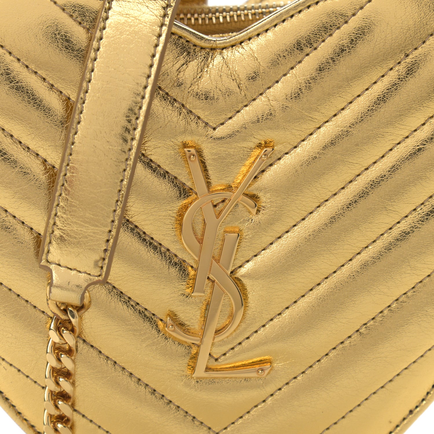 Saint Laurent Metallic Calfskin Matelasse Chevron Monogram Small Love Heart Chain Bag Gold 8 of 10