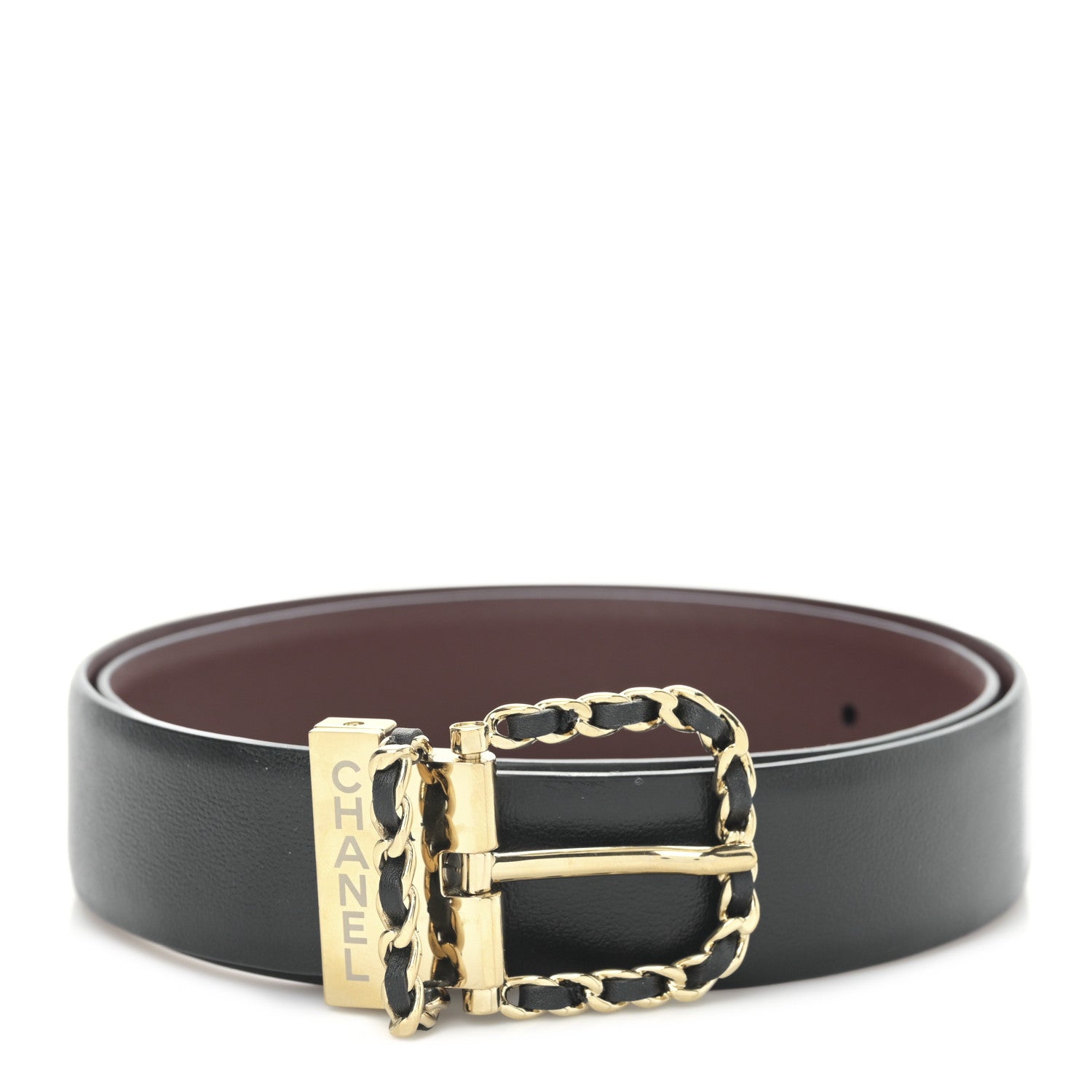 Chanel Calfskin Lambskin Metal Chain Reversible Belt 75 30 Black Burgundy 1 of 5