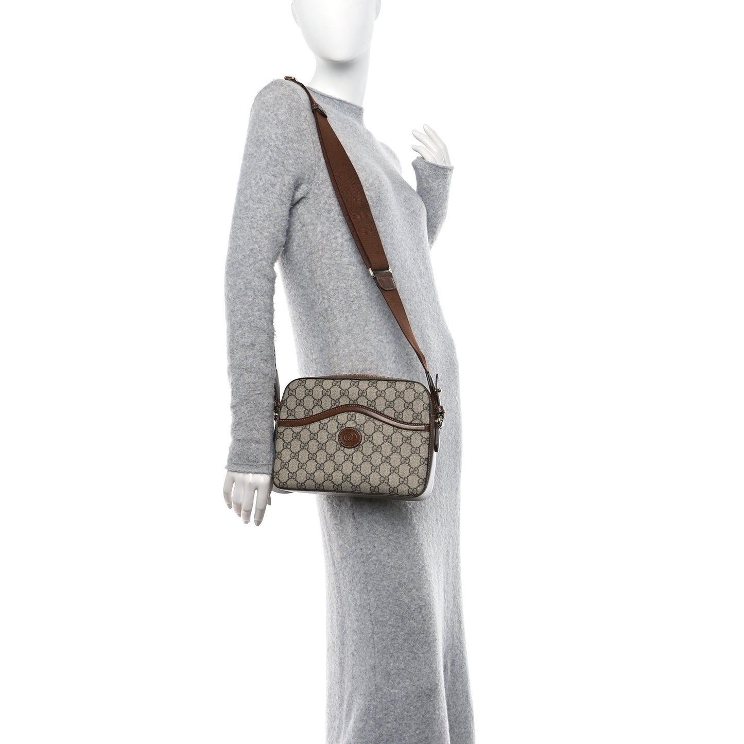 GG Supreme Monogram Azalea Calfskin Retro Interlocking G Messenger Shoulder Bag Beige Ebony Brown Sugar