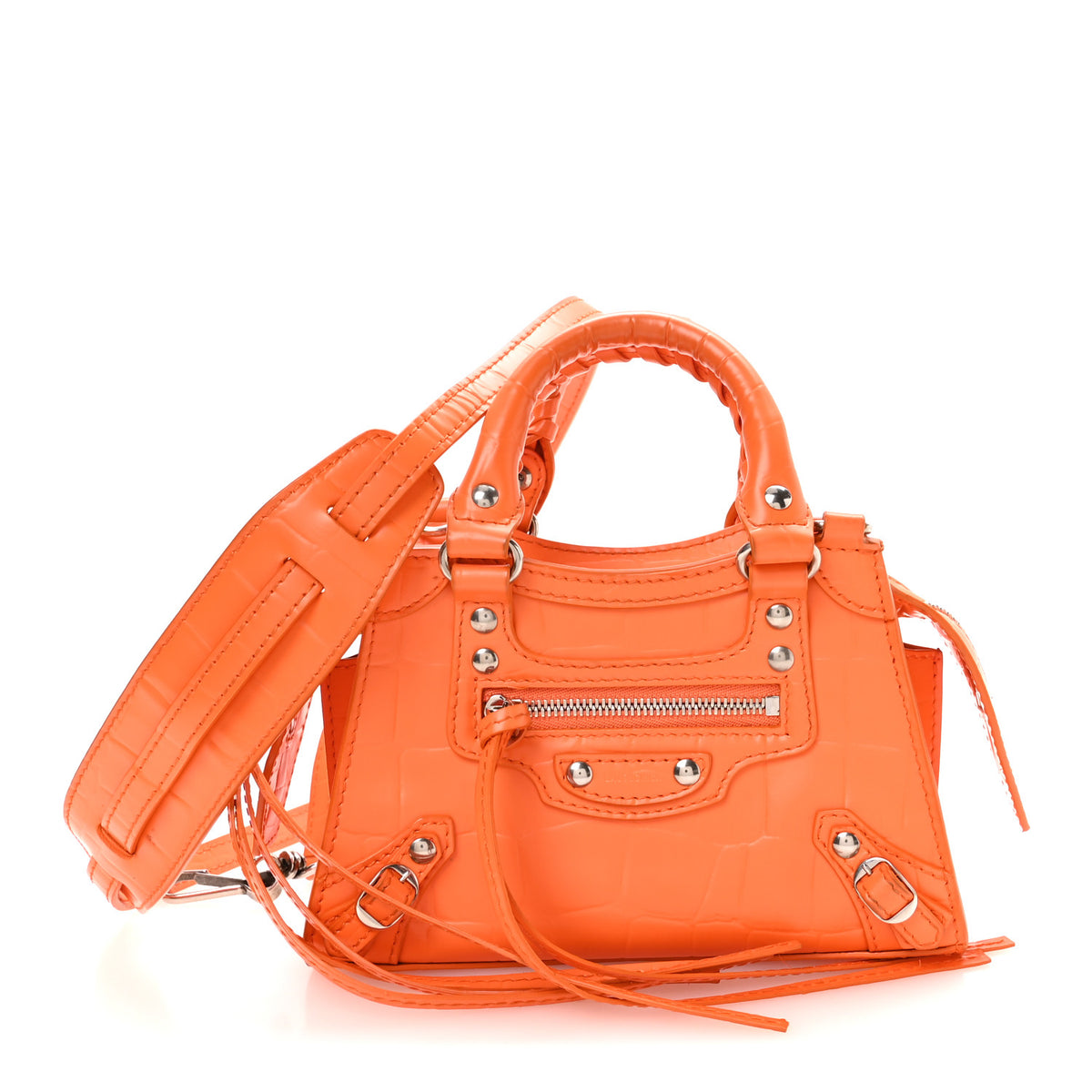 Semi Shiny Calfskin Crocodile Embossed Neo Classic Silver Hardware Nano City Crossbody Orange