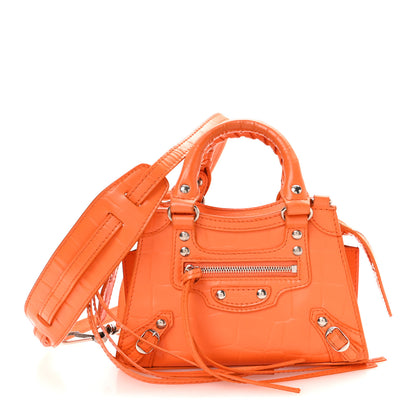 Balenciaga Semi Shiny Calfskin Crocodile Embossed Neo Classic Silver Hardware Nano City Crossbody Orange 1 of 10
