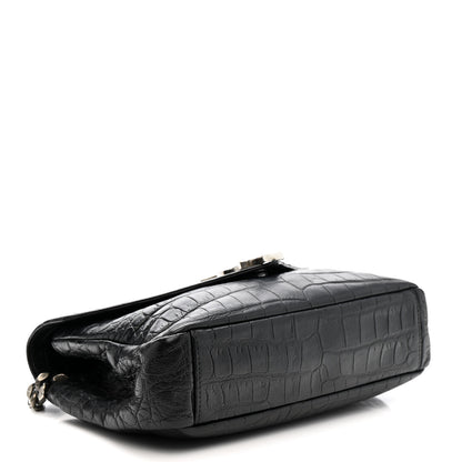 Saint Laurent Calfskin Crocodile Embossed Medium College Monogram Satchel Black 4 of 11