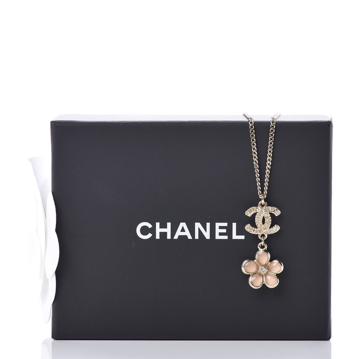 Enamel Crystal CC Camellia Pendant Necklace Beige Gold