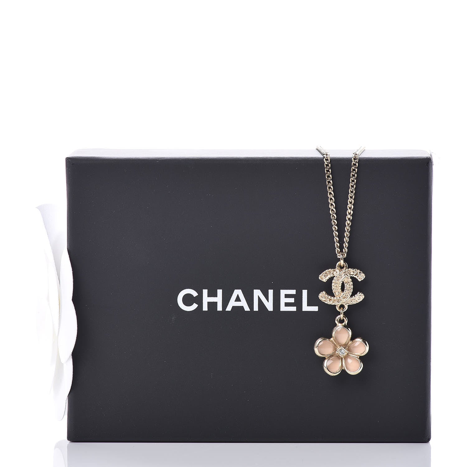 Chanel Enamel Crystal CC Camellia Pendant Necklace Beige Gold 6 of 6