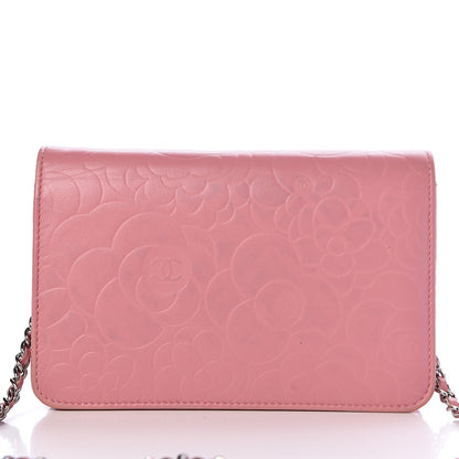 Chanel Lambskin Camellia Embossed Wallet On Chain WOC Pink 11 of 15