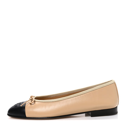 Chanel Lambskin Cap Toe CC Ballerina Flats 37 Beige Black 1 of 12