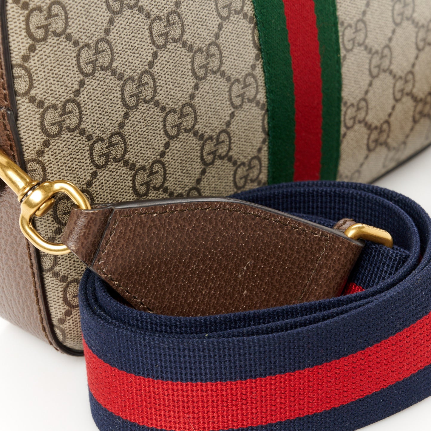 GG Supreme Monogram Textured Dollar Calfskin Web Ophidia Wristlet Shoulder Bag Beige Ebony New Acero