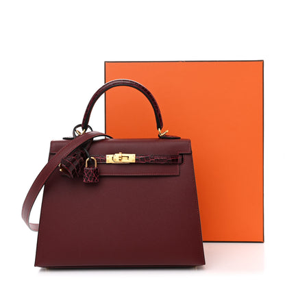 Hermes Madame Calfskin Shiny Alligator Kelly Sellier Touch 25 Rouge H 12 of 12