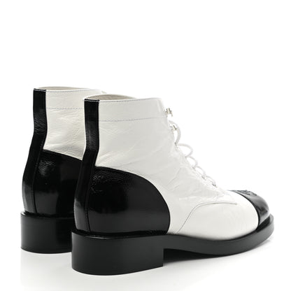 Chanel Distressed Patent Cap Toe Combat Boots 40 White Black 4 of 9