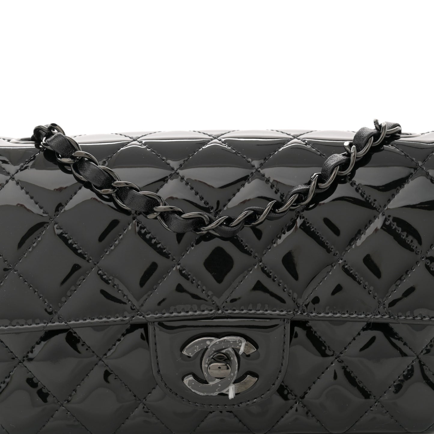 Patent Calfskin Quilted Mini Rectangular Flap So Black