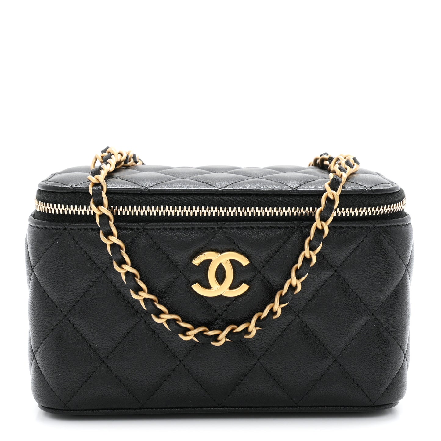 Lambskin Quilted Small Heart Vanity Case With Chain Black