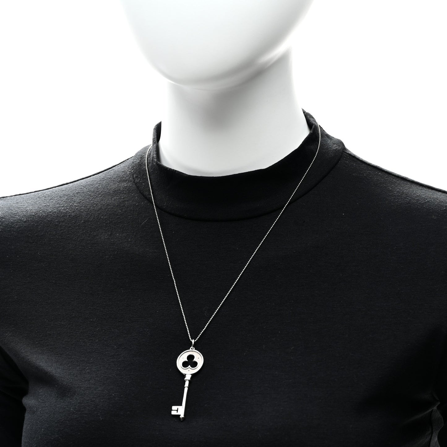 18K White Gold Diamond Clover Key Pendant Bead Necklace