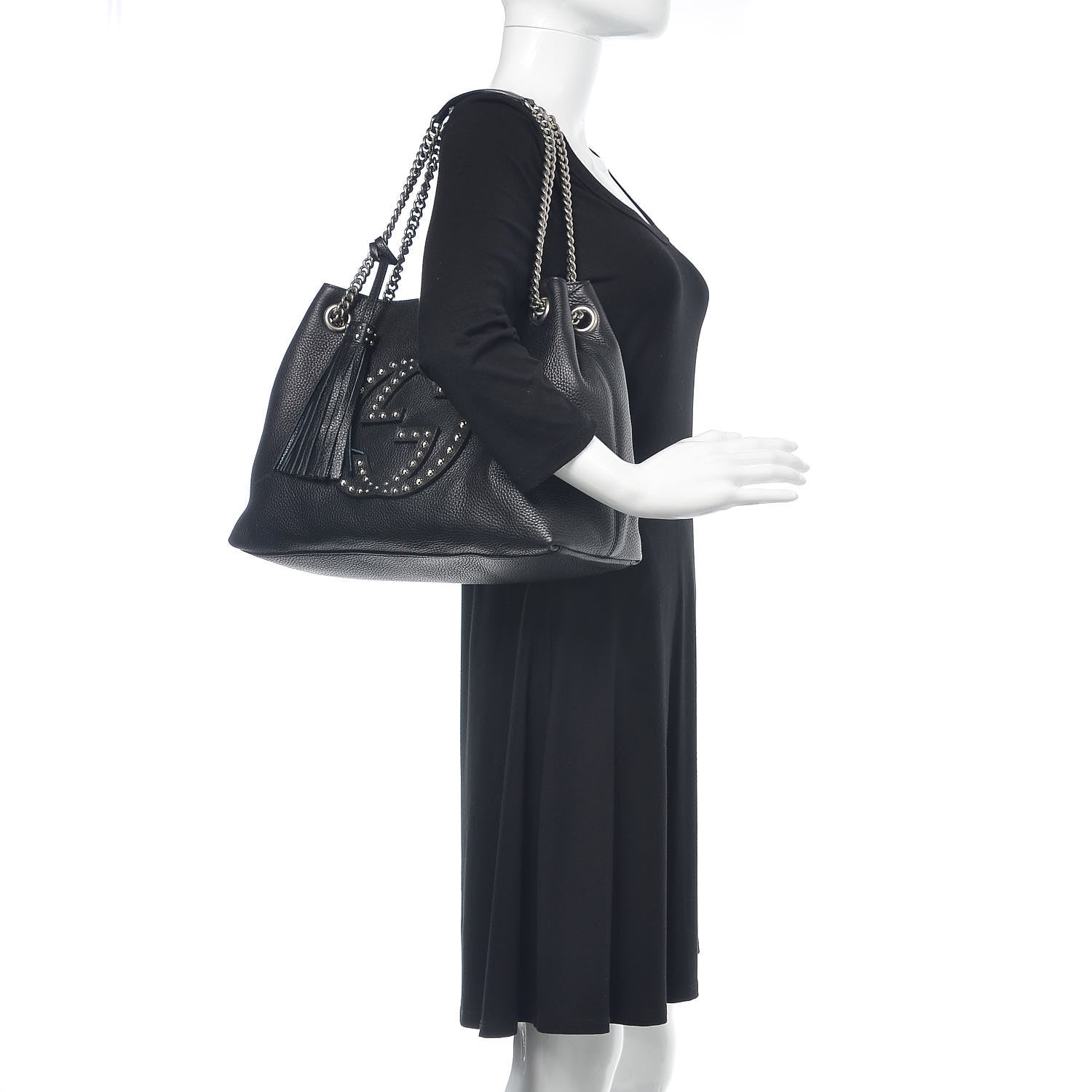 Gucci Pebbled Calfskin Studded Medium Soho Chain Shoulder Bag Black 2 of 11