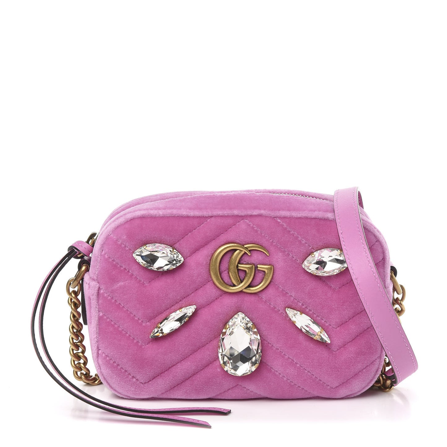 Velvet Matelasse Marquise Crystals Mini GG Marmont Chain Shoulder Bag Malva
