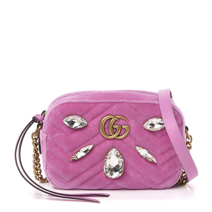 Gucci Velvet Matelasse Marquise Crystals Mini GG Marmont Chain Shoulder Bag Malva 1 of 10