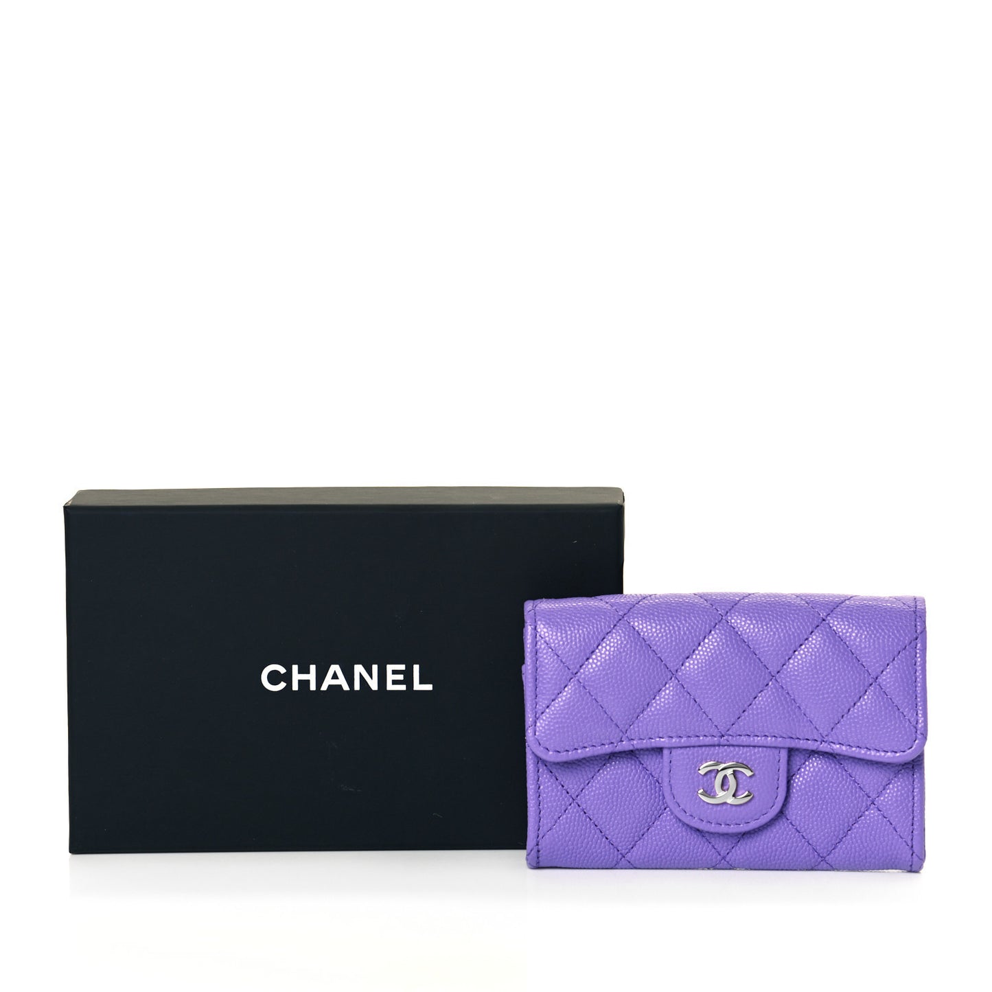 Caviar Quilted Flap Card Holder Wallet Purple