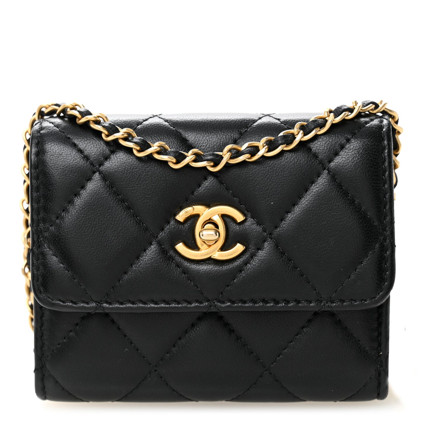 Lambskin Quilted Pearl Crush Card Holder With Chain Black