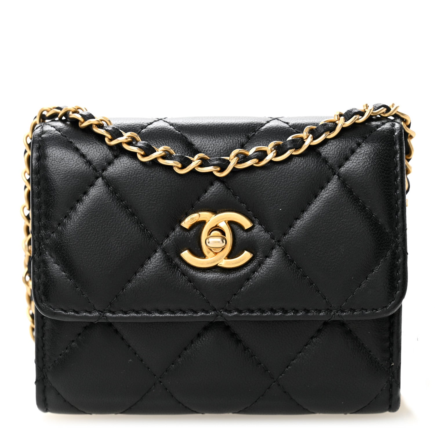 Chanel Lambskin Quilted Pearl Crush Card Holder With Chain Black 1 of 11