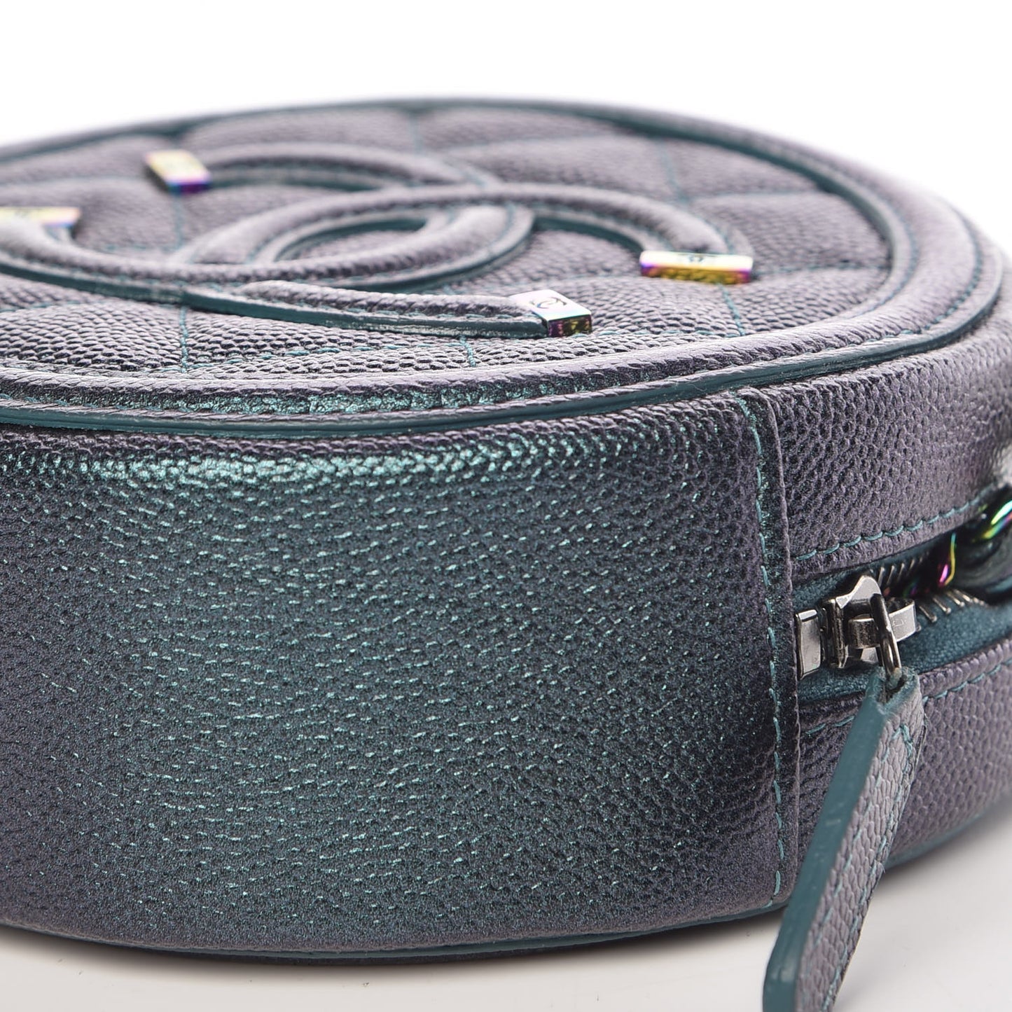 Iridescent Caviar Quilted Round Filigree Crossbody Dark Turquoise