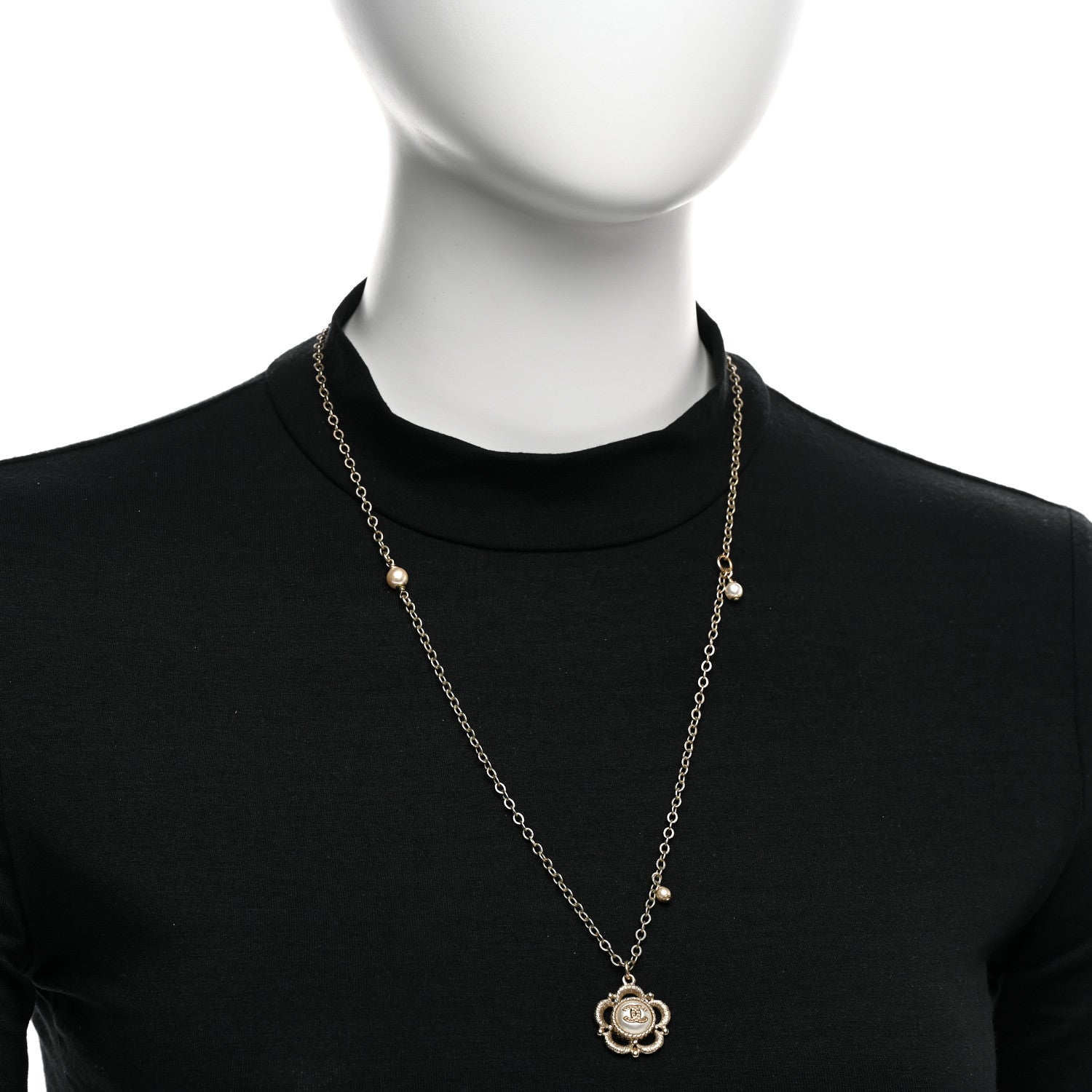 Chanel Pearl Crystal CC Pendant Necklace Gold 2 of 5