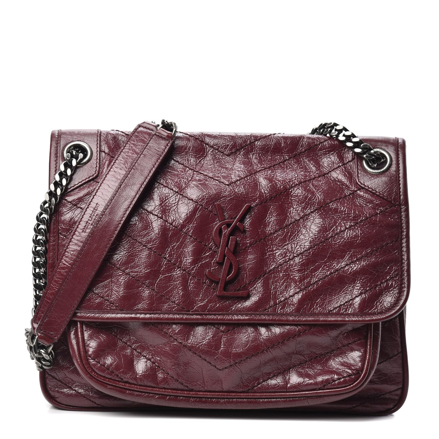 Crinkled Calfskin Matelasse Monogram Medium Niki Chain Satchel Burgundy