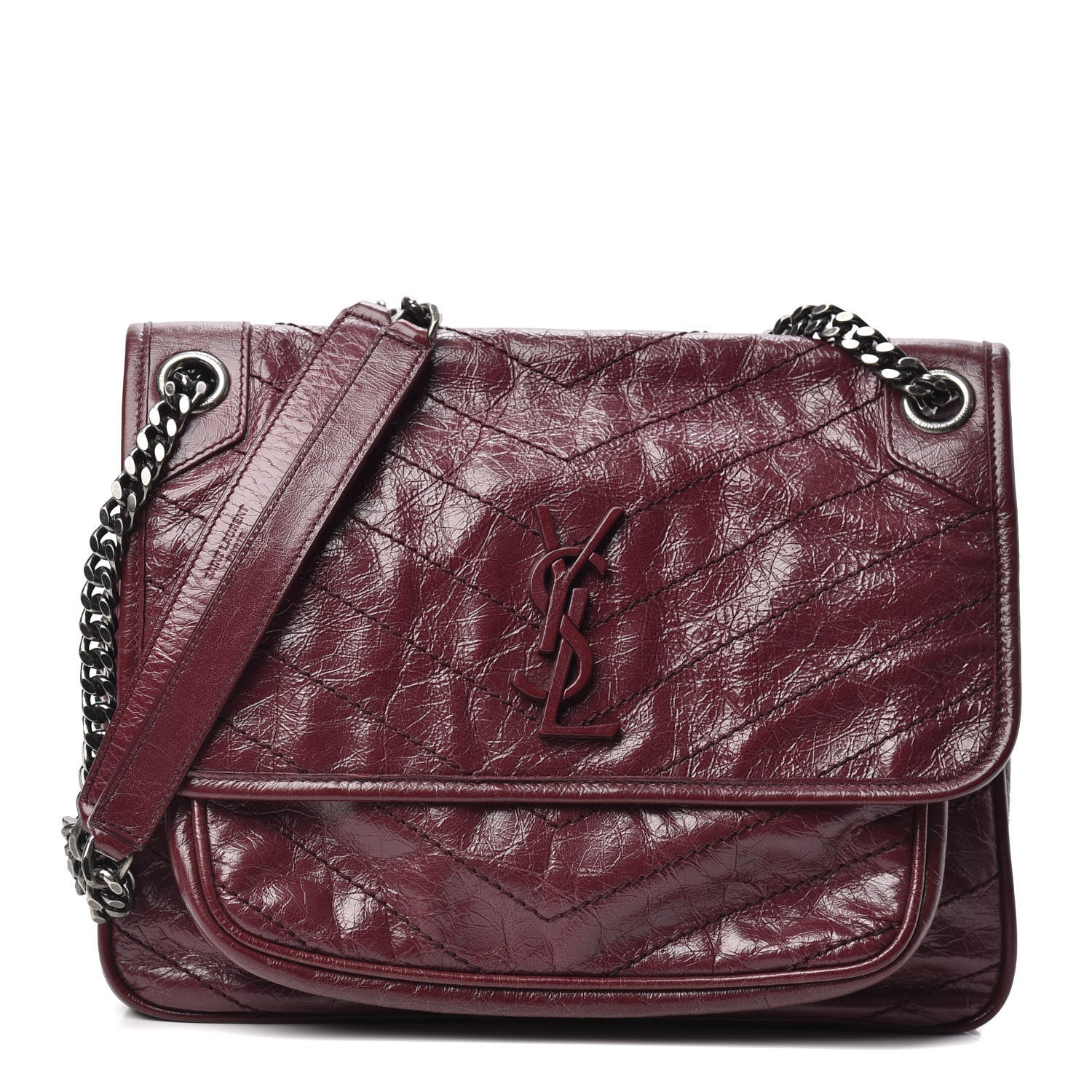 Saint Laurent Crinkled Calfskin Matelasse Monogram Medium Niki Chain Satchel Burgundy 1 of 9