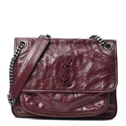 Saint Laurent Crinkled Calfskin Matelasse Monogram Medium Niki Chain Satchel Burgundy 1 of 9