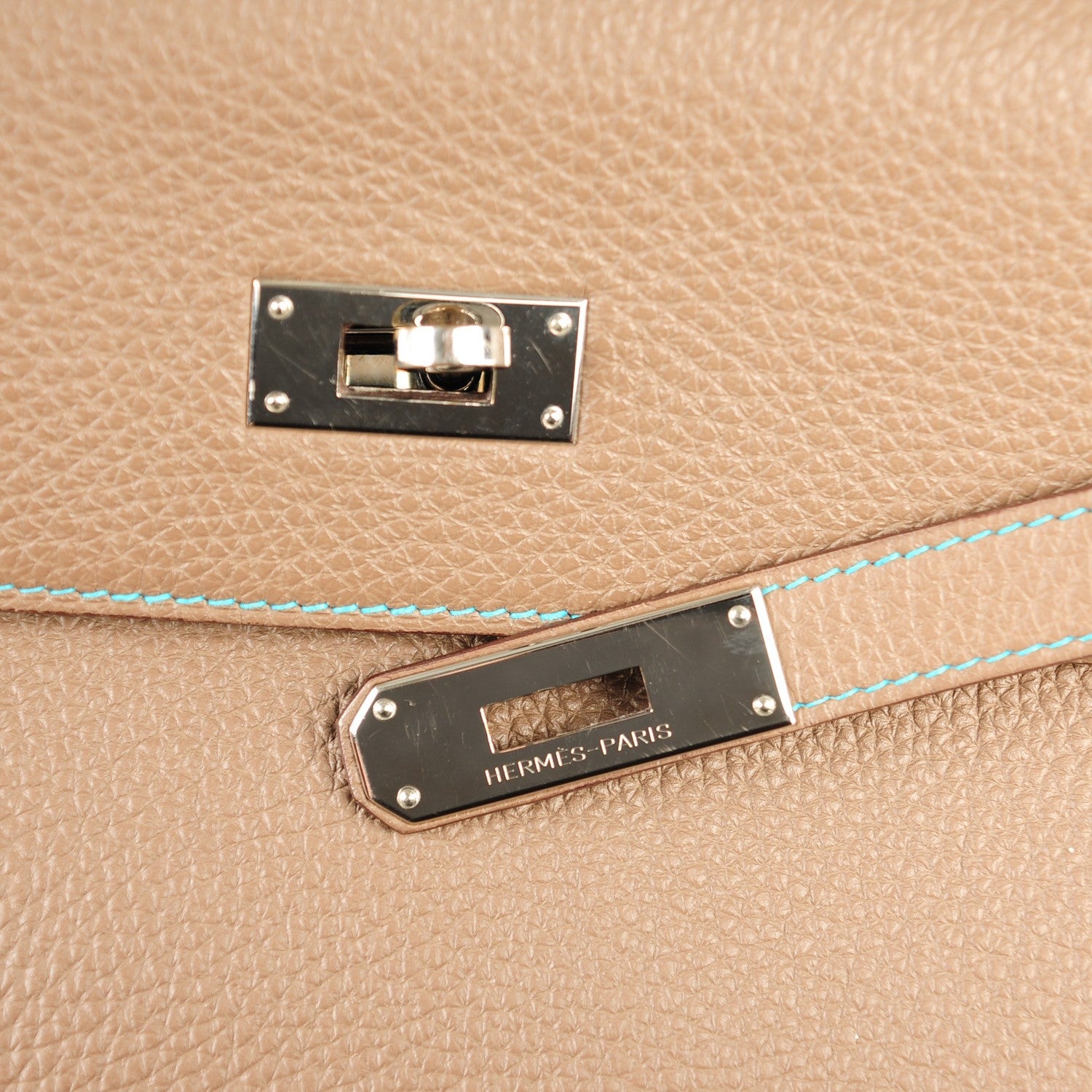 Hermes Togo Kelly Retourne Eclat 35 Etoupe Bleu Azteque 9 of 23