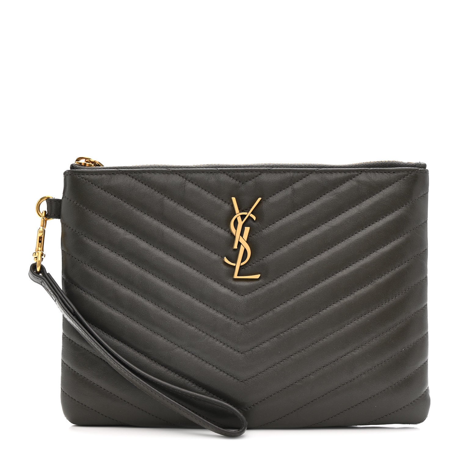Saint Laurent Calfskin Matelasse Chevron Monogram A5 Wristlet Earth 1 of 10