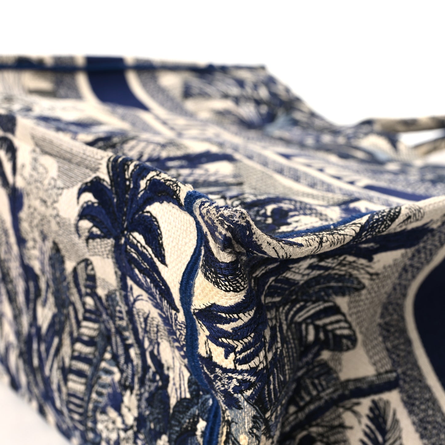 Canvas Embroidered Large Palm Tree Toile De Jouy Book Tote Blue