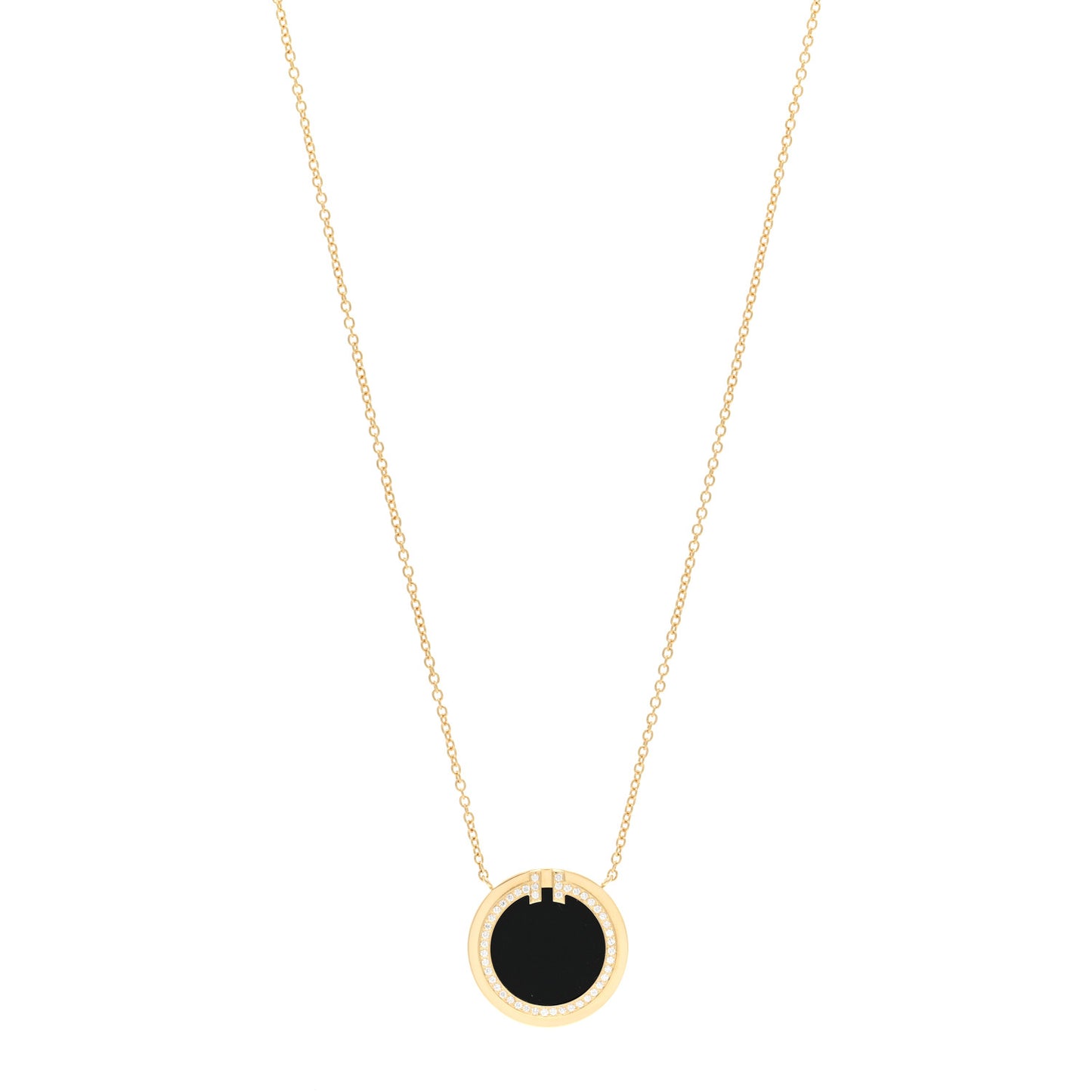18K Yellow Gold Diamond Black Onyx 16mm T Circle Pendant Necklace
