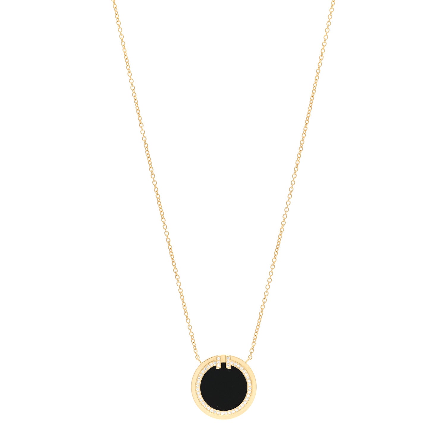 Tiffany 18K Yellow Gold Diamond Black Onyx 16mm T Circle Pendant Necklace 1 of 5