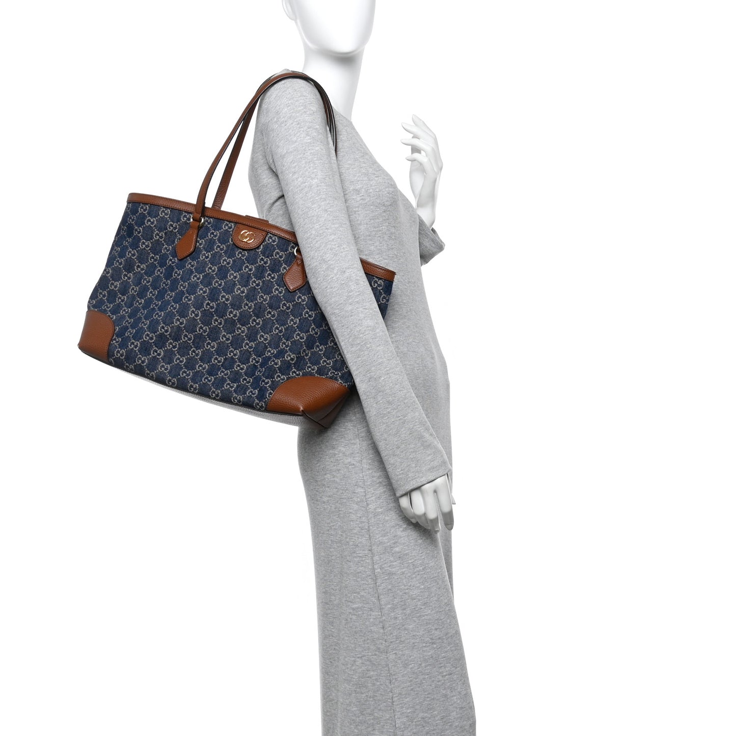 New Denim GG Monogram Medium Ophidia Shopping Tote Blue Tea Cuir