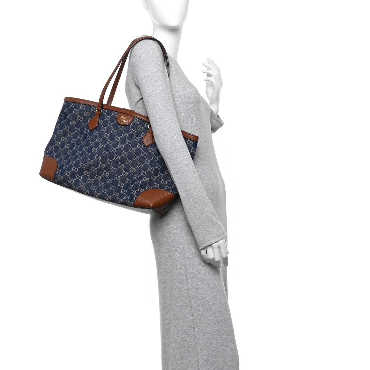 Gucci New Denim GG Monogram Medium Ophidia Shopping Tote Blue Tea Cuir 2 of 12