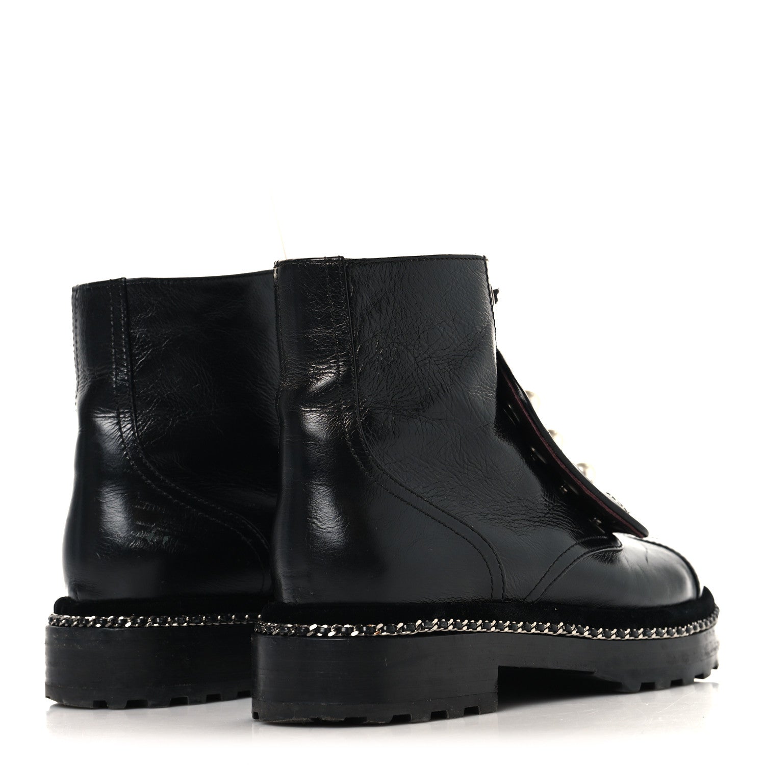Chanel Crackled Calfskin Velvet Pearl Combat Short Boots 37.5 Black 5 of 9