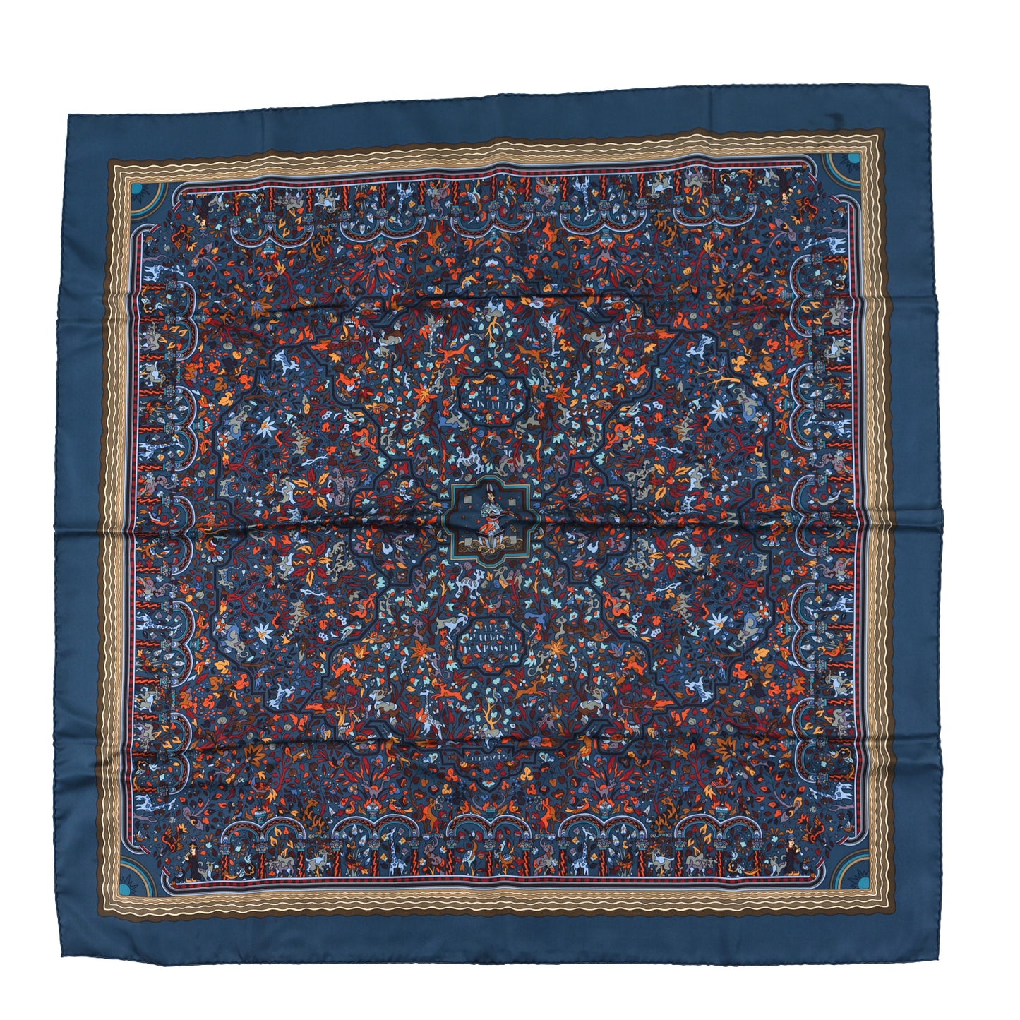 Silk Les Jardins D'Armenie Scarf 90 Cobalt Vert Prairie Bleu Canard