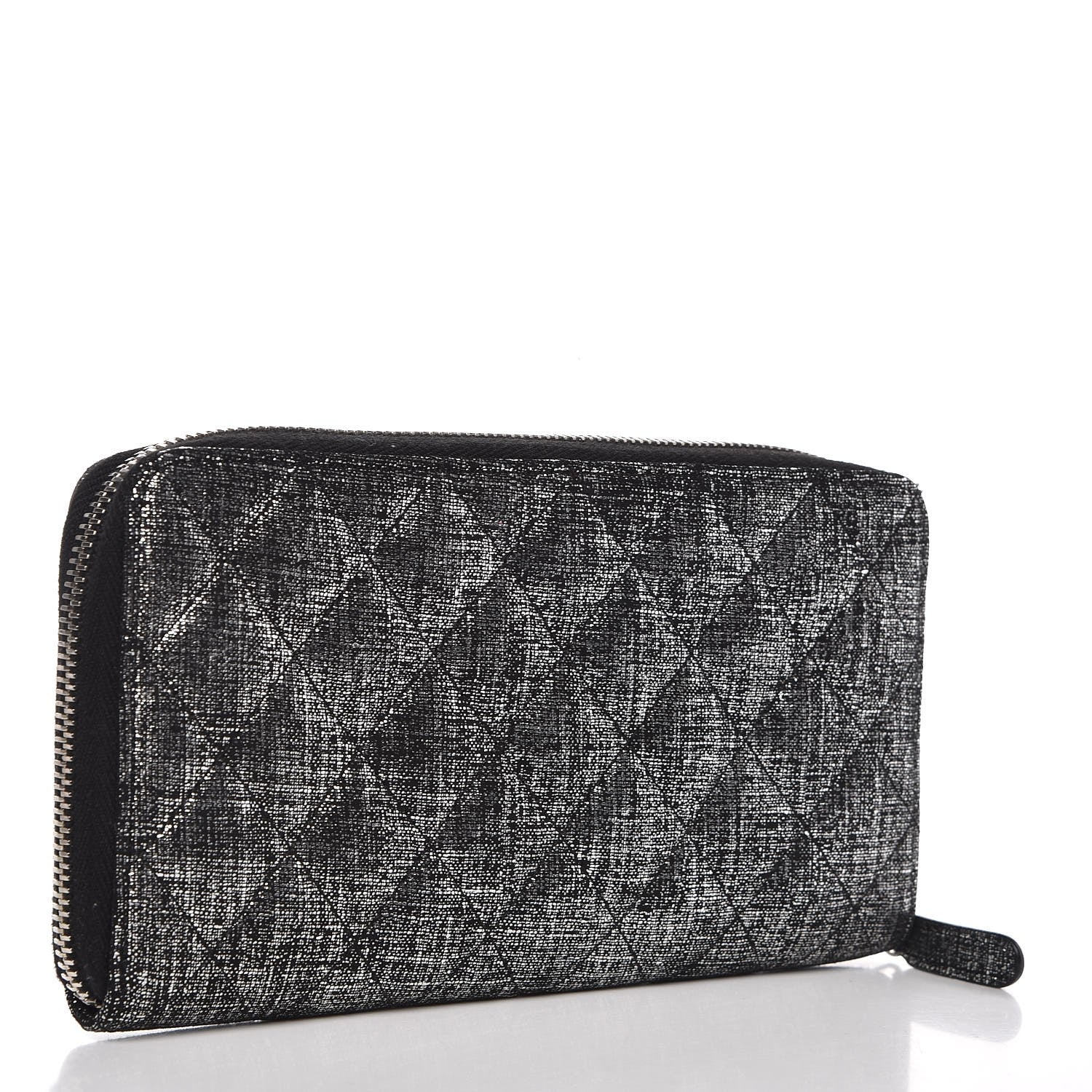 Chanel Metallic Fabric Quilted Zip Around Wallet Silver Black 3 of 8