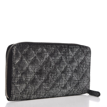 Chanel Metallic Fabric Quilted Zip Around Wallet Silver Black 3 of 8