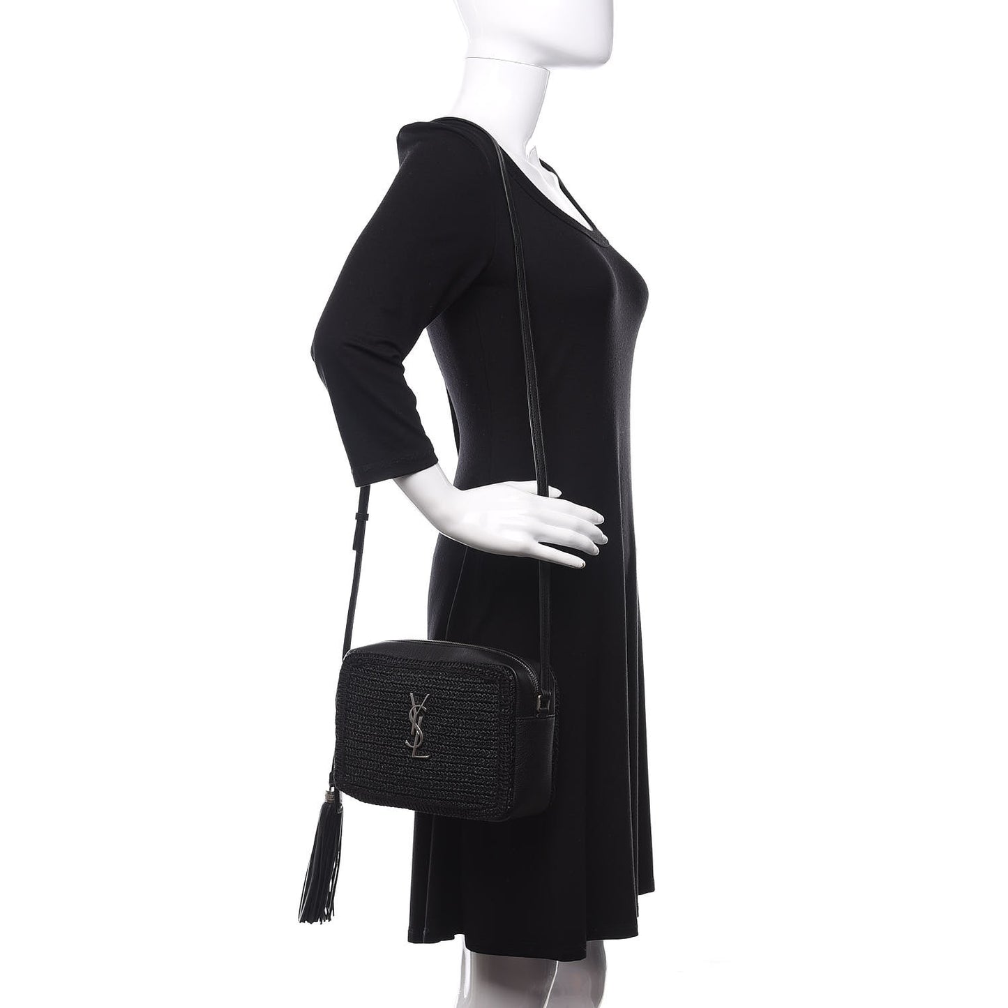 Raffia Calfskin Monogram Lou Camera Bag Black