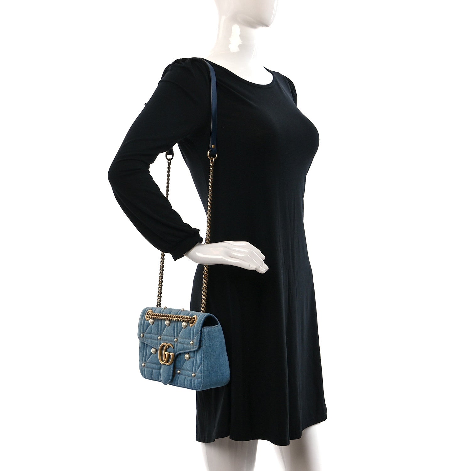 Gucci Denim Matelasse Studded Small Pearly GG Marmont Shoulder Blue 2 of 11