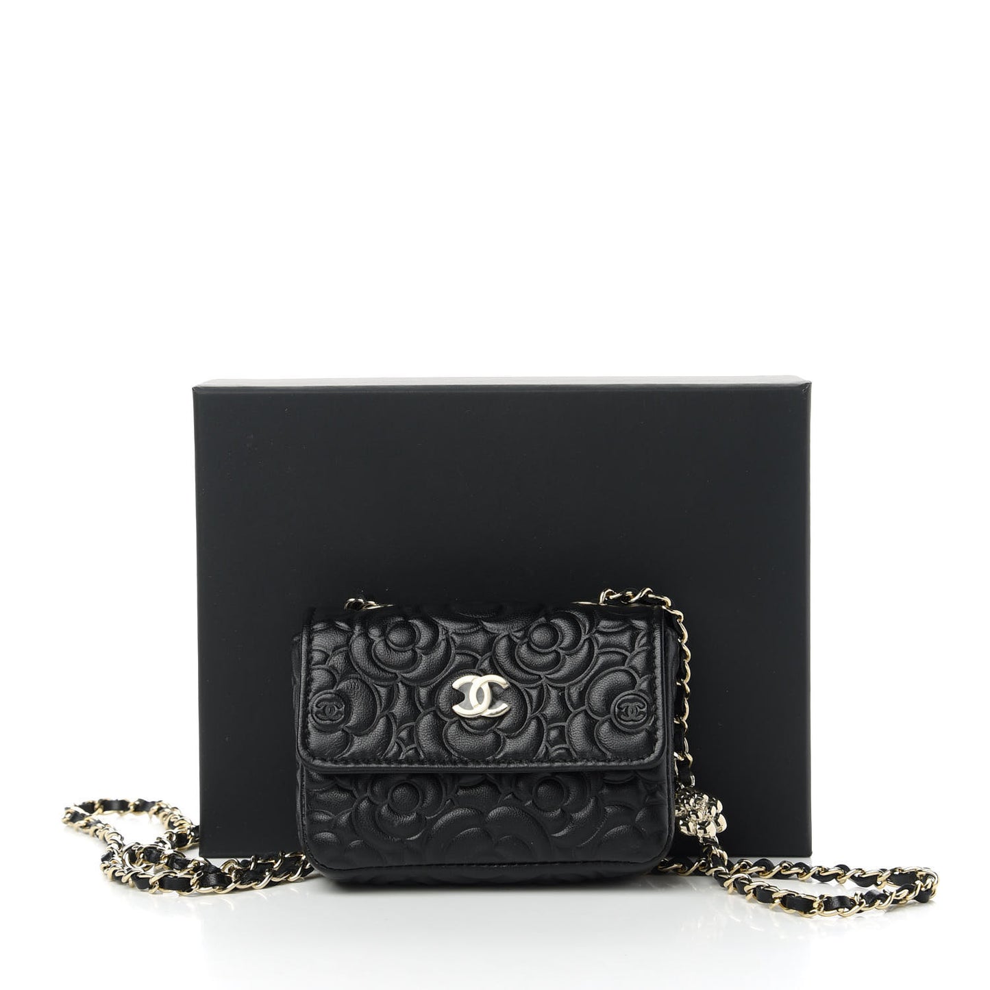 Lambskin Camellia Embossed Chain Belt Bag Black
