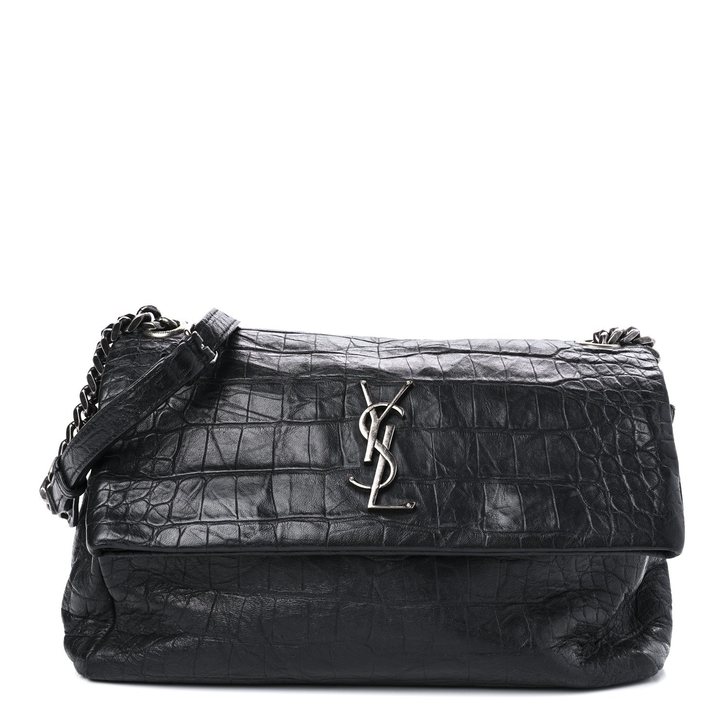 Saint Laurent Calfskin Crocodile Embossed Medium West Hollywood Monogram Fold-Over Black 1 of 9
