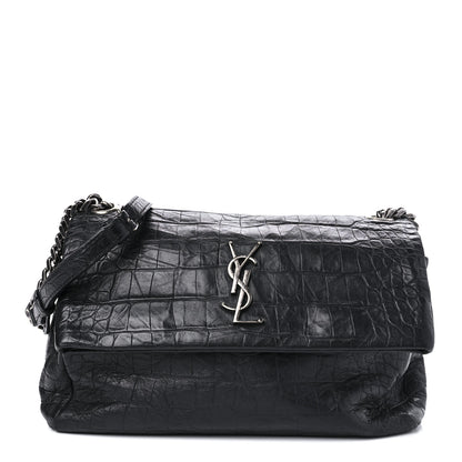 Saint Laurent Calfskin Crocodile Embossed Medium West Hollywood Monogram Fold-Over Black 1 of 9