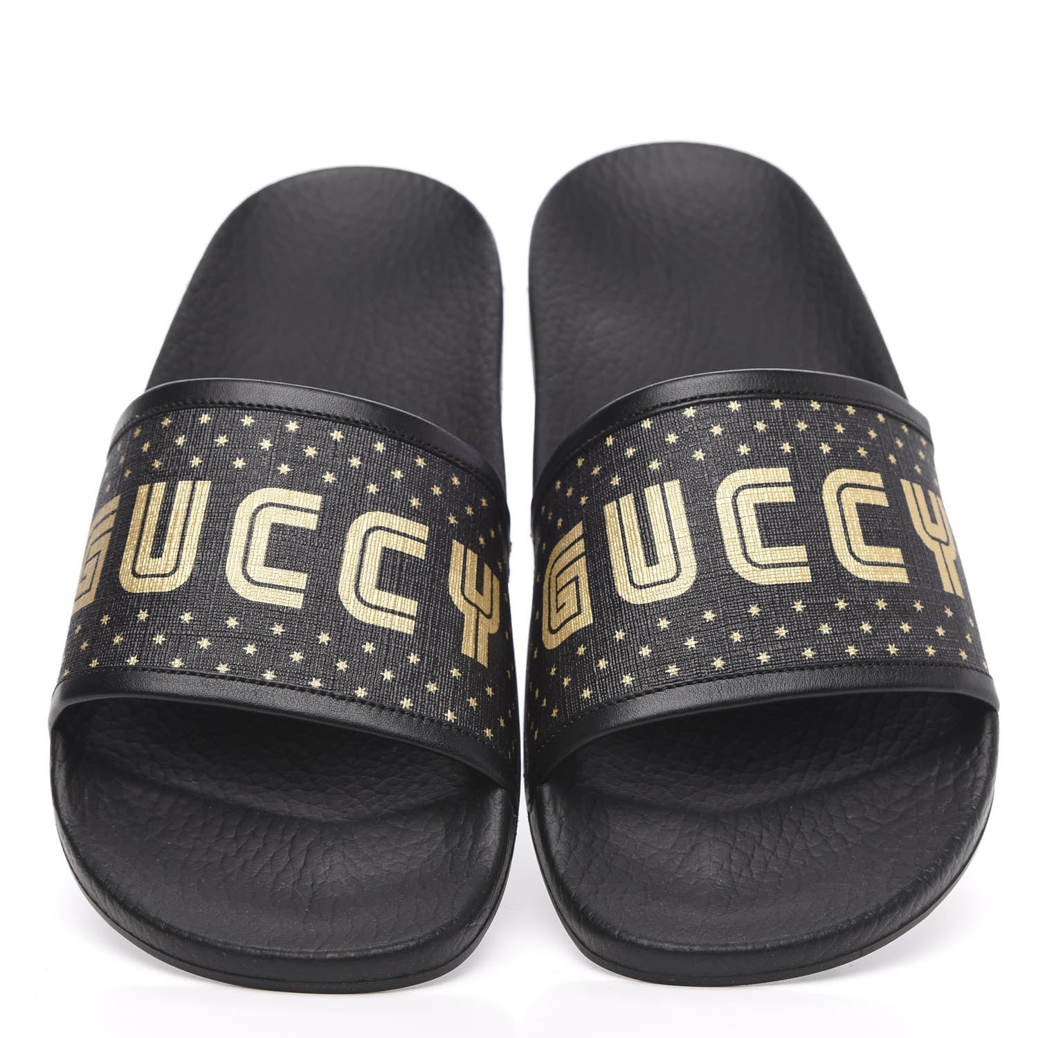 Gucci X SEGA Supreme Canvas GUCCY Stars Womens Slide Sandals 38 Black Gold 3 of 8