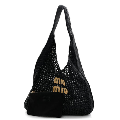 Miu Miu Raffia Crochet Woven Hobo Black Naturale 3 of 11