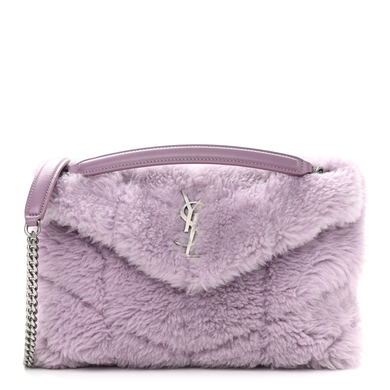 Saint Laurent Merino Shearling Lambskin Quilted Small Loulou Puffer Monogram Chain Satchel Lila 1 of 10