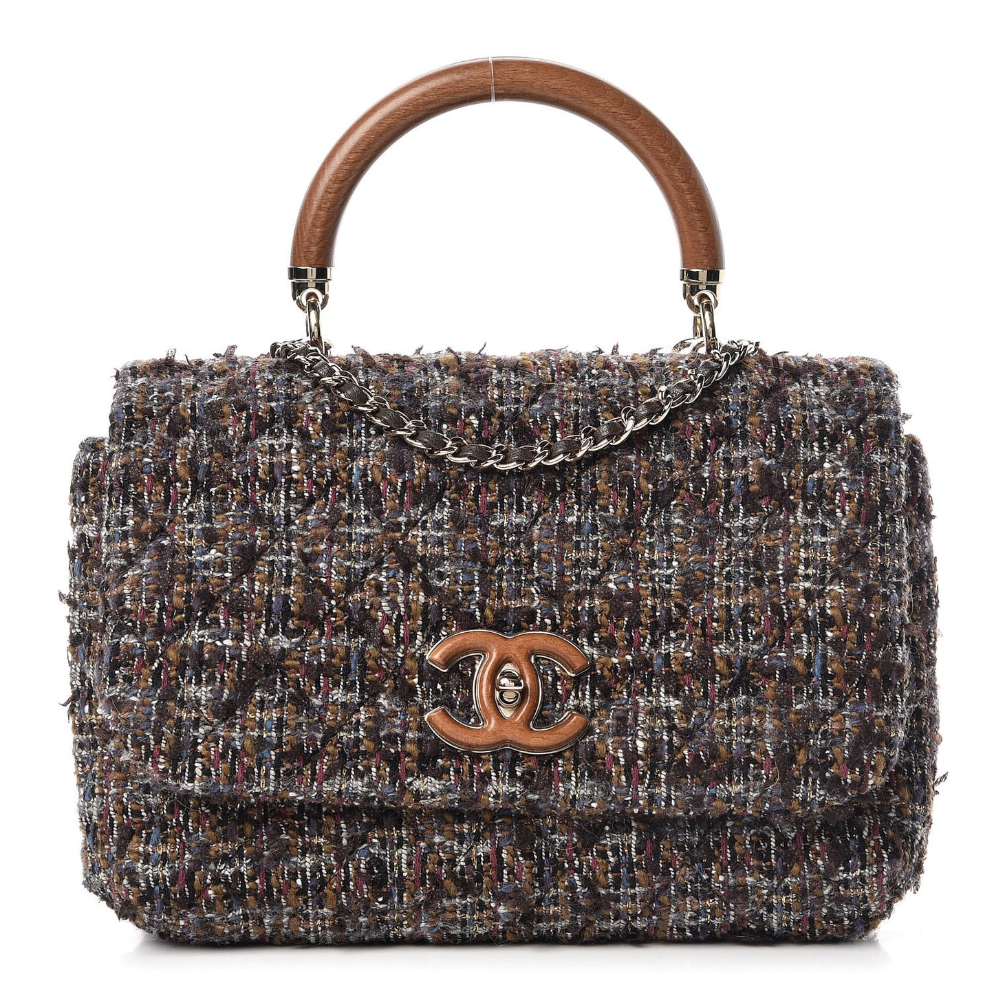 Tweed Wood Mini Coco Handle Flap Beige