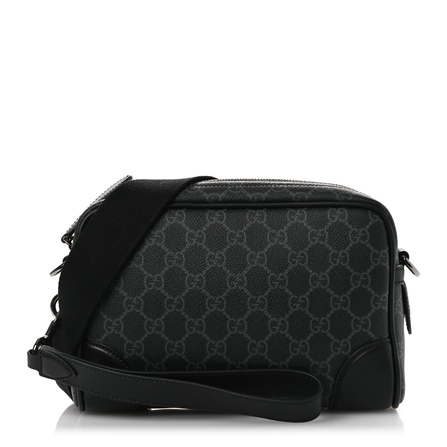 Gucci GG Supreme Monogram Textured Calfskin Emblem Small Crossbody Black 1 of 10