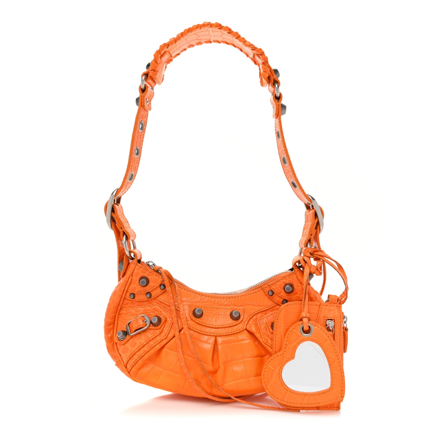 Extra Supple Calfskin Crocodile Embossed Le Cagole Shoulder Bag XS Pop Orange