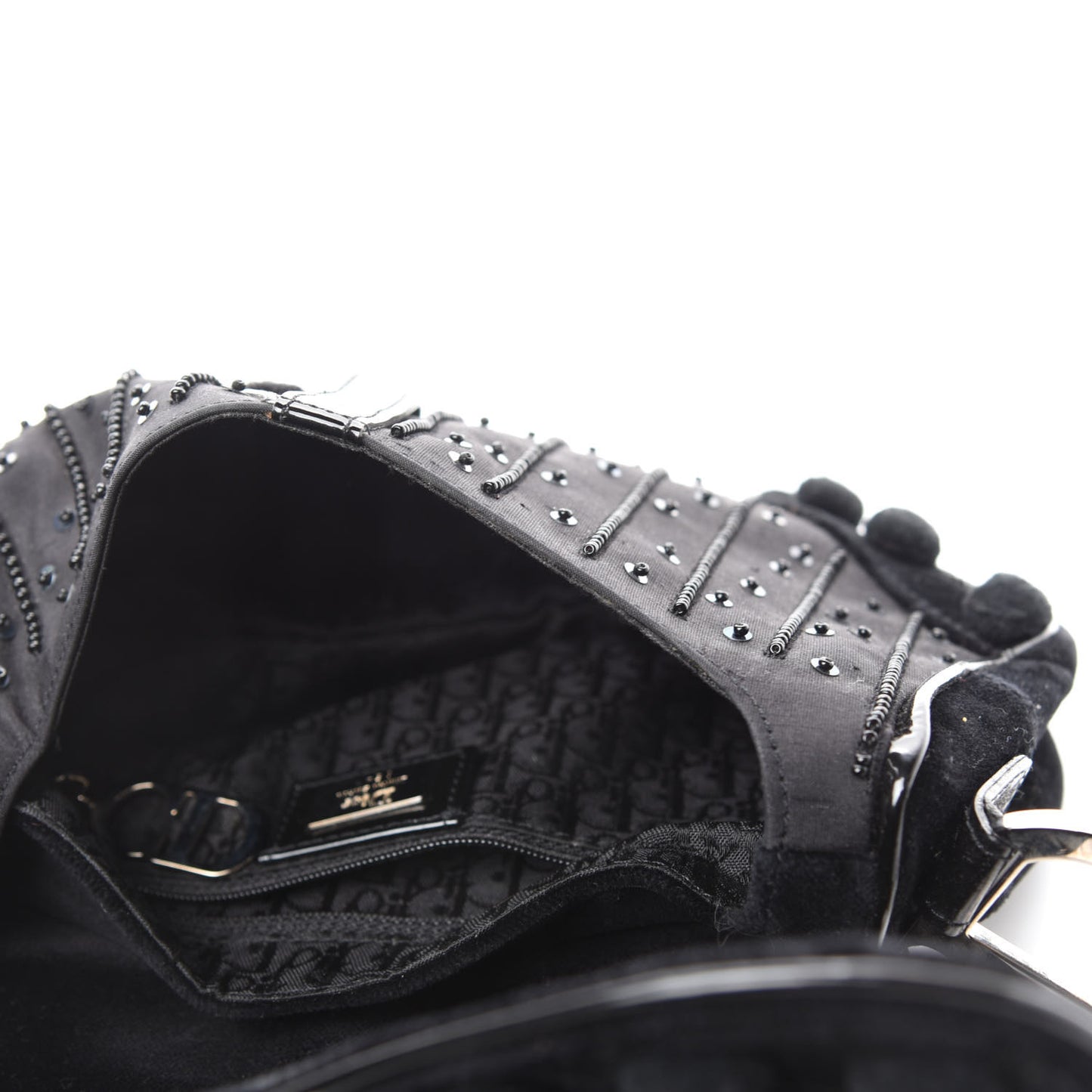 Velvet Nylon Pom Pom Saddle Bag Black